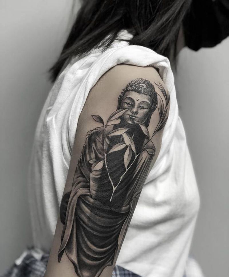 阿弥陀佛纹身图片_手臂肩部新传统点刺佛纹身阿弥陀佛大臂佛纹身图案