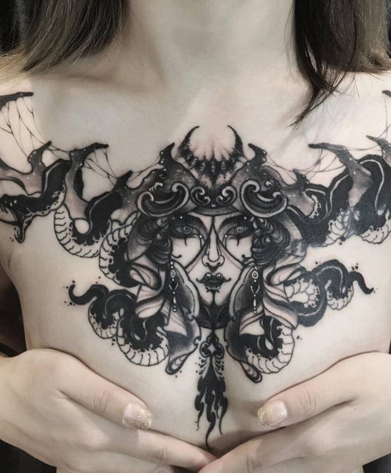 千贺宗米亚作品纹身图片_胸部Old School花胸纹身图案