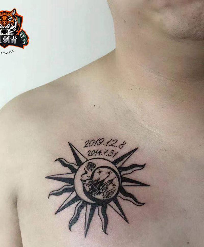 太阳纹身图片_胸部几何太阳纹身图案