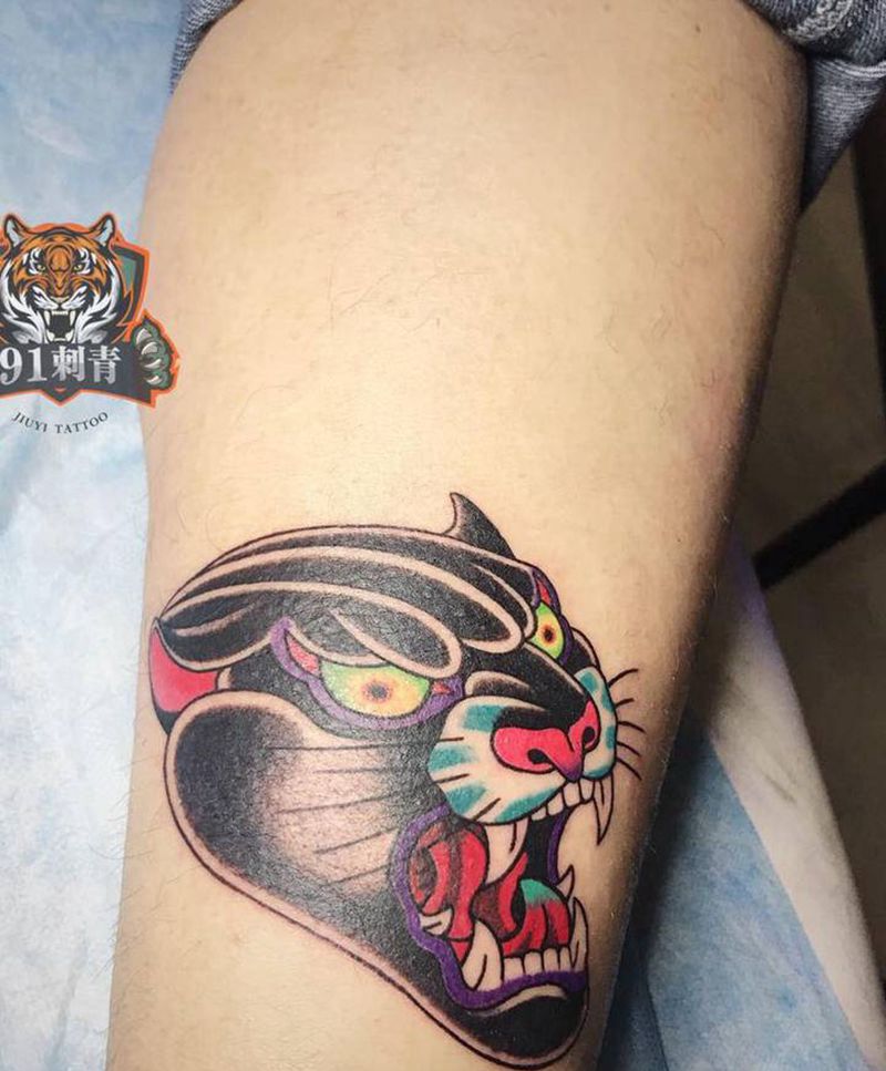 old school纹身图片_腿部Old School豹子头纹身图案