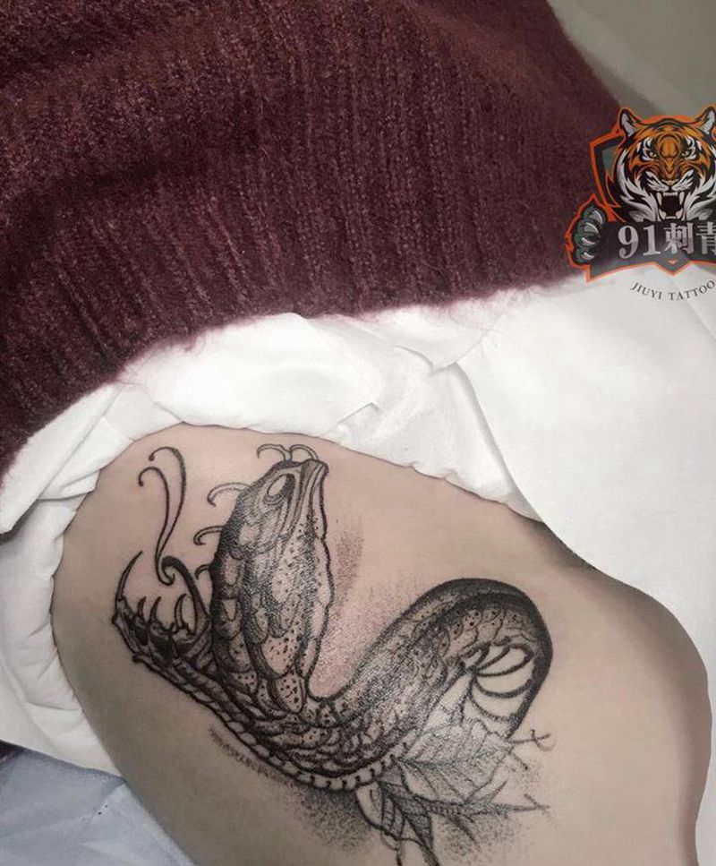 暗黑蛇纹身图片_腿部图腾蛇暗黑纹身图案