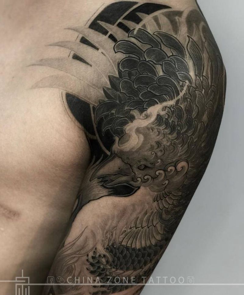 待续的手臂-雷纹身图片_手臂新传统水墨凤凰整臂纹身图案