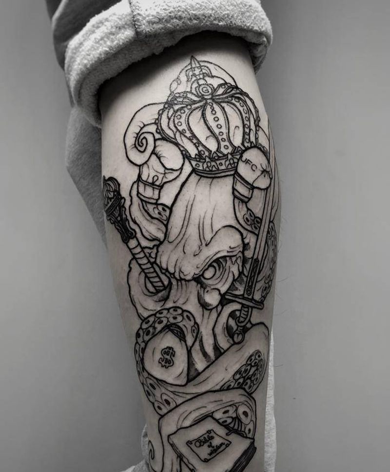 王权纹身图片_脚部腿部欧美写实New School章鱼纹身权力的象征写实纹身纹身图案