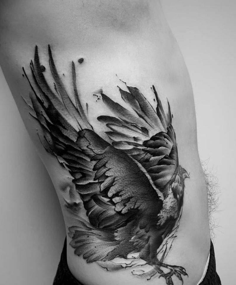 乌鸦纹身图片_腰部腹部水墨水彩鸟纹身乌鸦纹身水墨乌鸦纹身图案