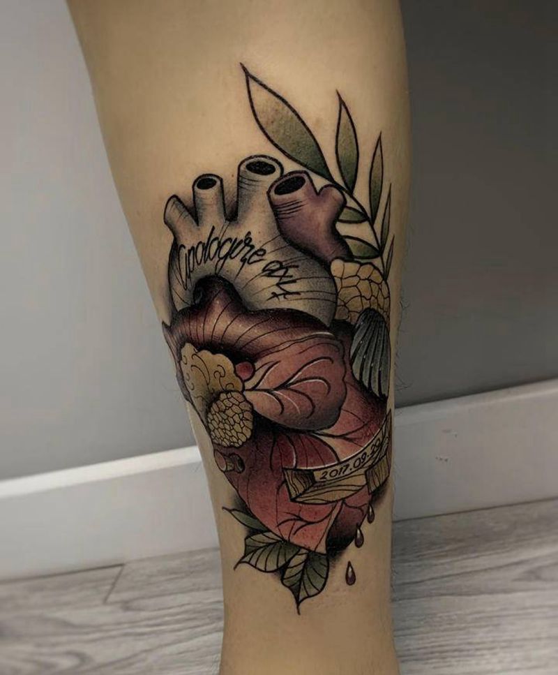 小心肝纹身图片_腿部New School水彩心脏纹身彩色心脏School心脏纹身图案