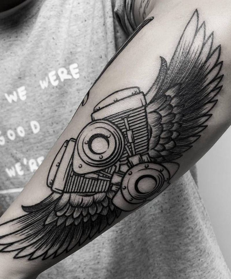 哈雷心纹身图片_手臂图腾点刺哈雷纹身翅膀纹身发动机纹身图案