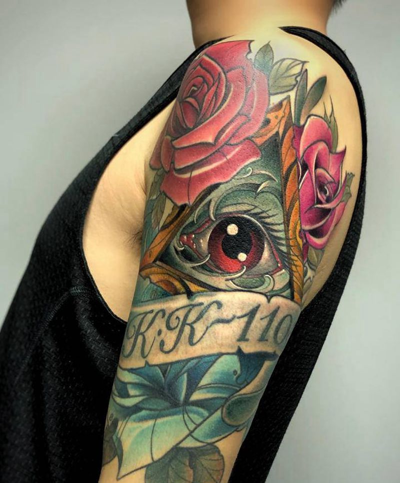 上帝之眼纹身图片_手臂New School水彩上帝之眼玫瑰花花臂眼睛纹身图案