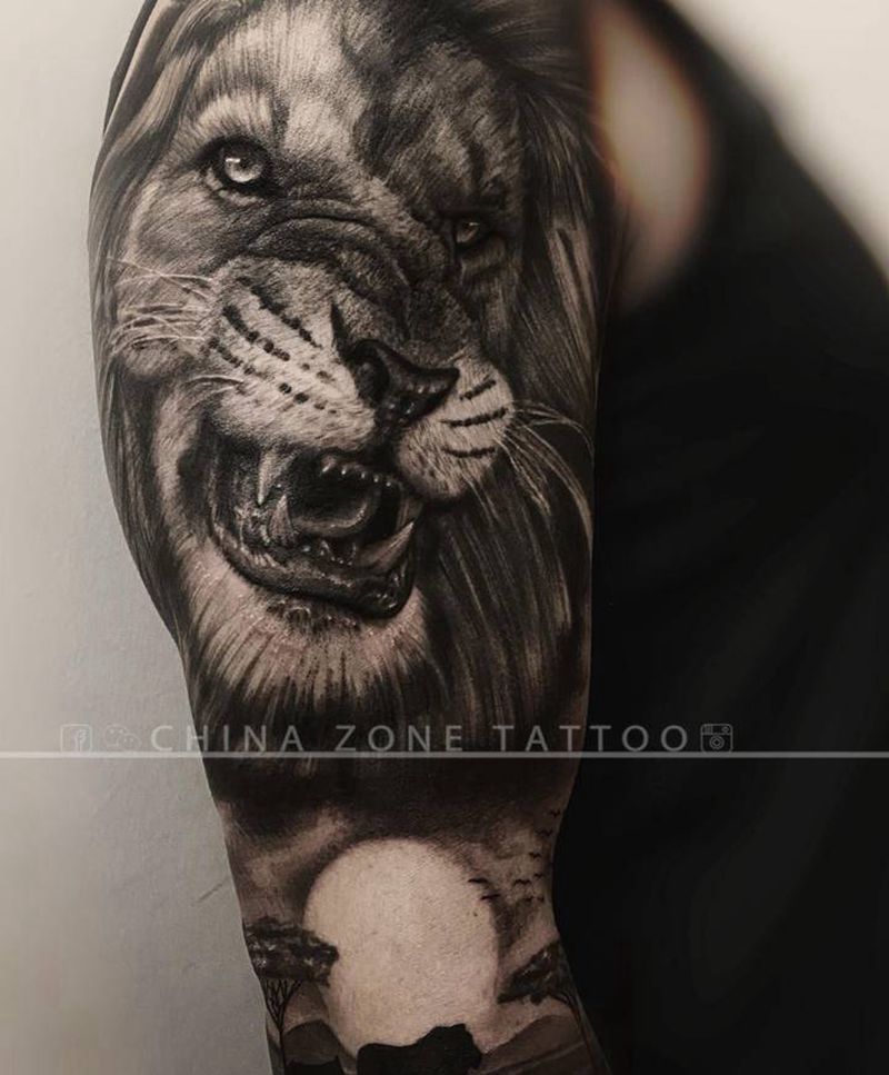 Jay作品纹身图片_手臂欧美写实水墨狮子纹身图案