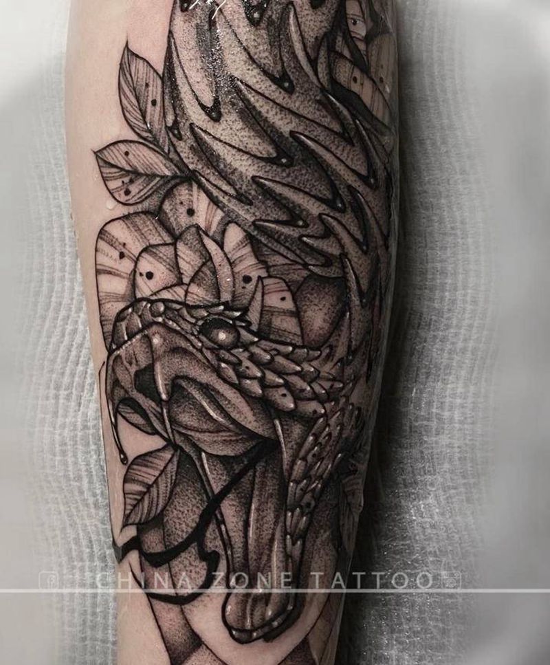 Jay作品纹身图片_腿部欧美写实点刺蛇纹身图案