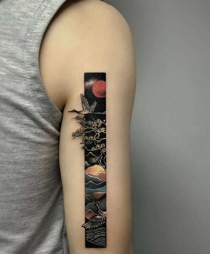 中式遮盖纹身图片_手臂新传统遮盖纹身英文遮盖仙鹤纹身纹身图案