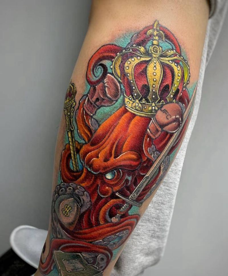 权利和财富纹身图片_腿部脚部New School欧美写实章鱼纹身权利财富纹身图案