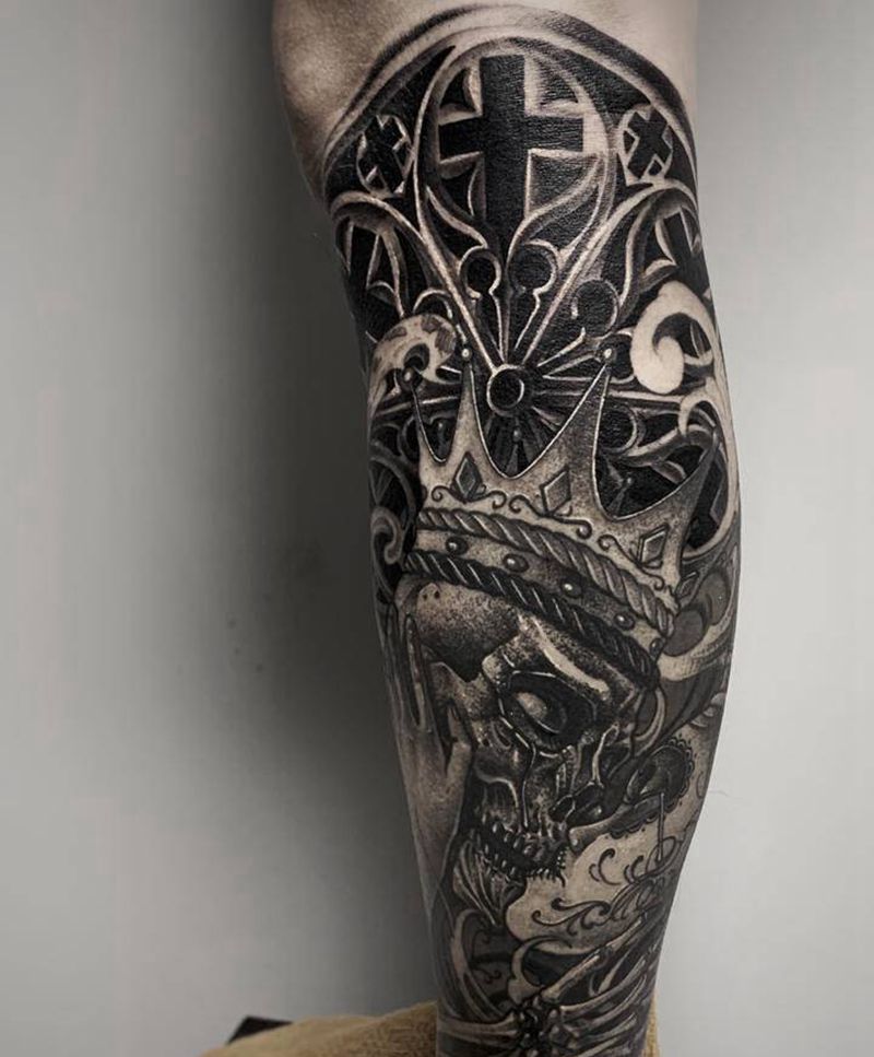 死了都要爱纹身图片_腿部脚部欧美写实点刺骷髅纹身墨西哥纹身亡灵节纹身纹身图案