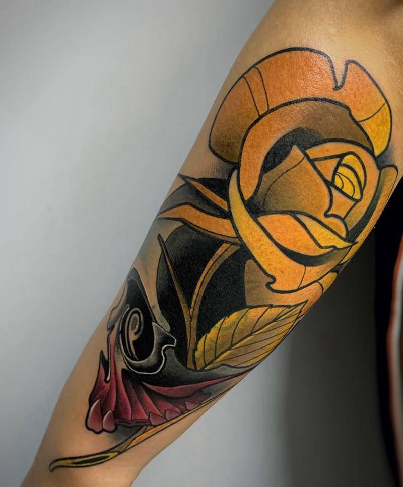 骷髅花纹身图片_手臂New School欧美写实骷髅骷髅花遮盖花纹身图案