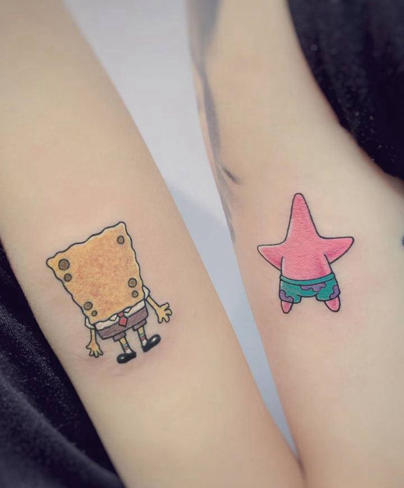 海绵宝宝纹身图片_手臂New School水彩海绵宝宝派大星动画片纹身图案