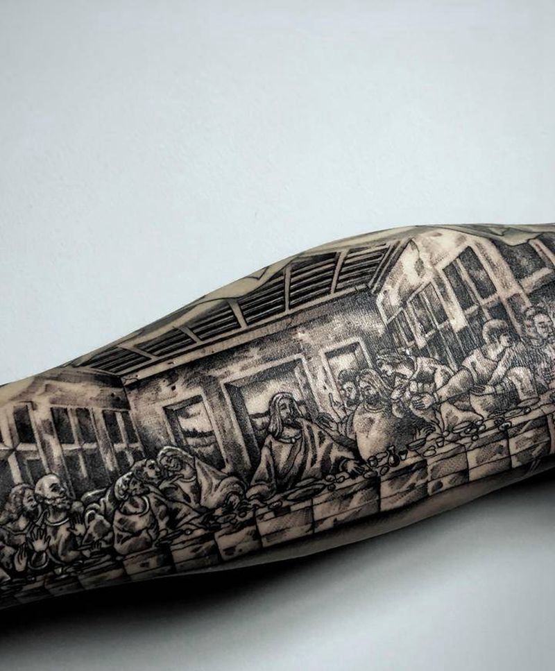 最后的晚餐纹身图片_手臂手部欧美写实点刺最后的晚餐耶稣晚餐达芬奇纹身图案