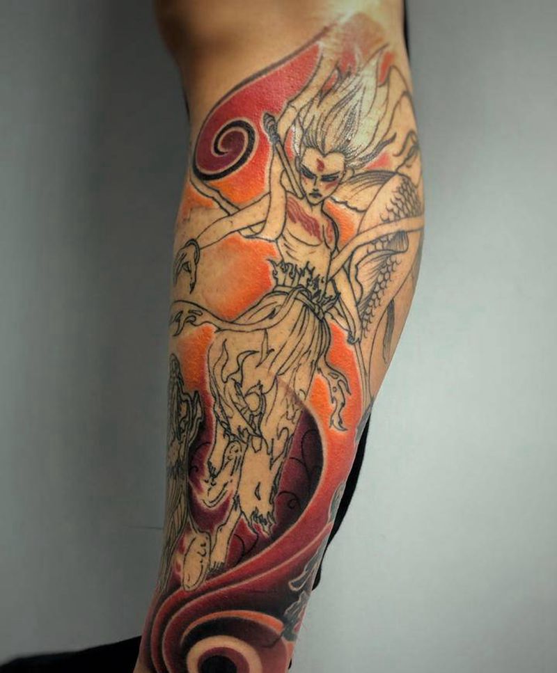 哪吒魔童降世纹身图片_脚部腿部新传统哪吒魔童降世哪吒脑海纹身图案