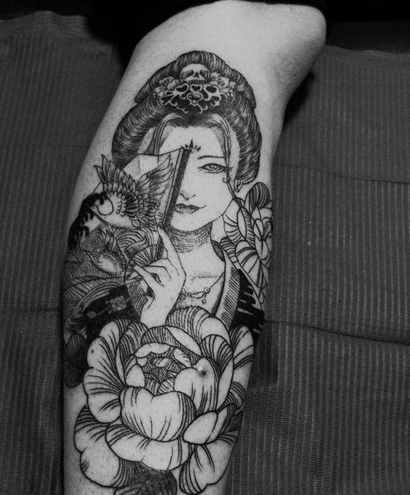 艺妓纹身图片_腿部点刺老传统纹身图案