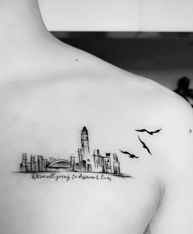 简笔城市纹身图片_胸部点刺几何纹身图案