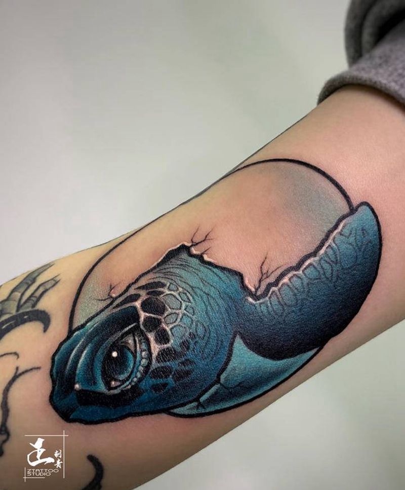 小海龟纹身图片_手臂New School水彩乌龟海龟蛋壳纹身图案