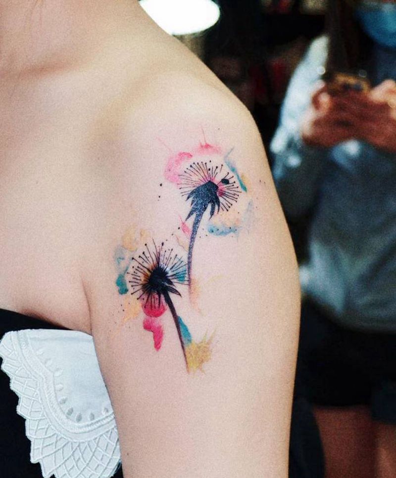 蒲公英纹身图片_手臂水彩蒲公英纹身图案