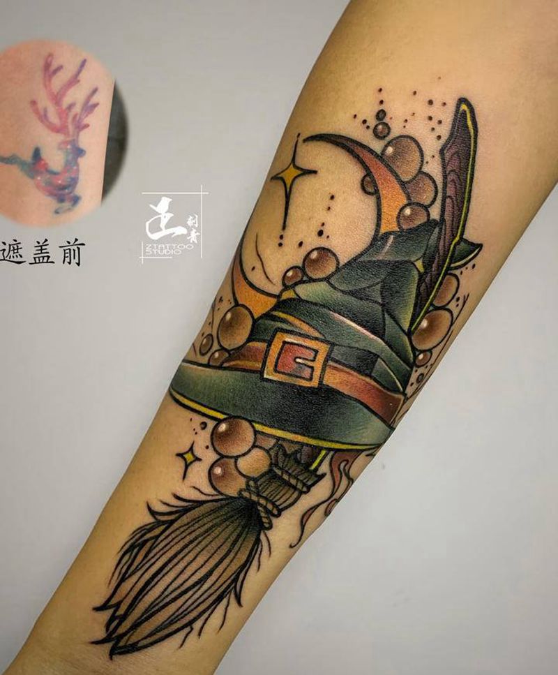 魔法系遮盖纹身图片_手臂New SchoolOld School魔法女巫帽子纹身图案