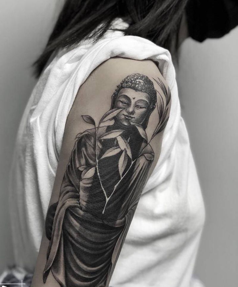 阿弥陀佛纹身图片_手臂肩部新传统点刺佛如来阿弥陀佛纹身图案