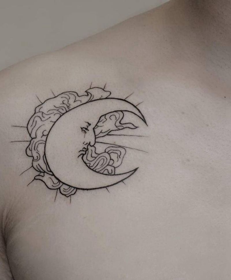 月亮纹身图片_胸部几何月亮纹身图案