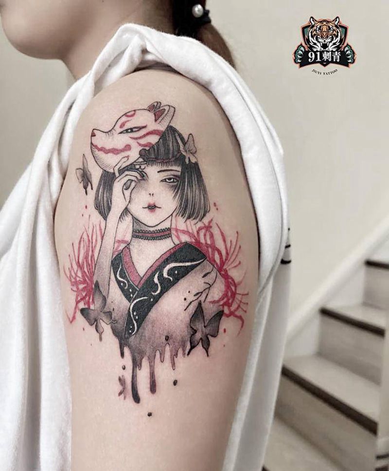 面具女孩纹身图片_手臂老传统面具女孩纹身图案