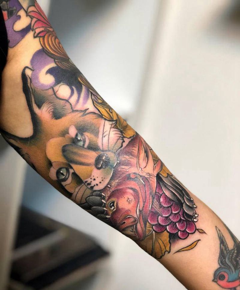 爱吃鱼纹身图片_手臂New School新传统狐狸动物水果纹身图案