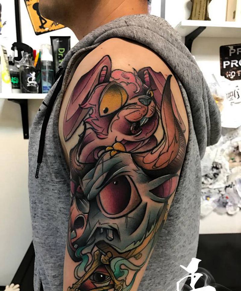 盘牛兔纹身图片_手臂肩部New School新传统兔牛动物纹身图案