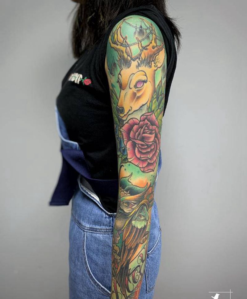 School花臂纹身图片_肩部手臂New School水彩鹿猫头鹰眼睛纹身图案