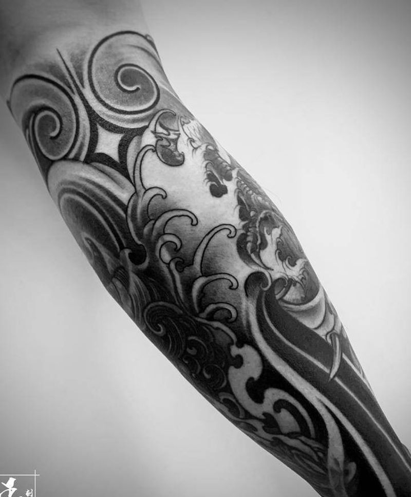 包小腿衔接纹身图片_腿部新传统图腾包小腿般若唐狮纹身图案