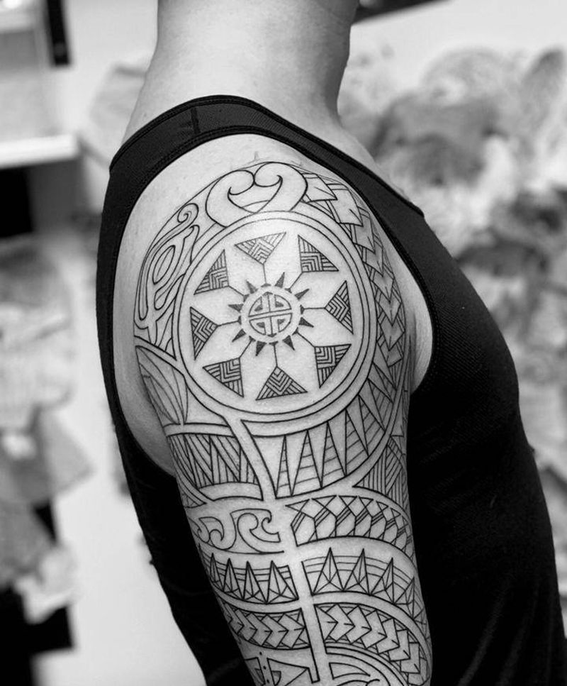 玛雅图腾纹身图片_手臂肩部图腾点刺玛雅毛利图腾纹身图案
