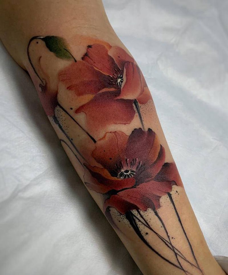 罂粟纹身图片_手臂手部水墨水彩罂粟花水墨纹身图案