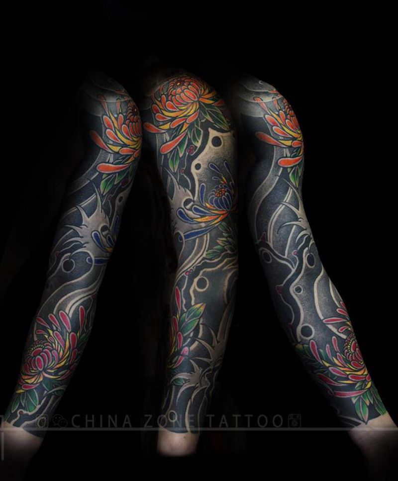 约辰作品纹身图片_手臂手部老传统点刺菊花指浪纹身图案