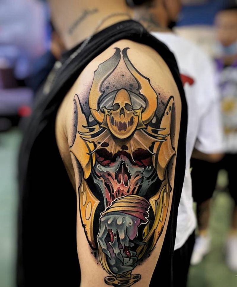 鬼武士纹身图片_手臂New School欧美写实武士卡通鬼神纹身图案