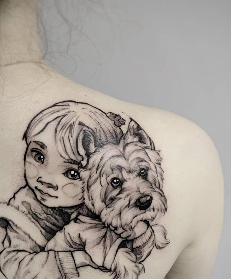俩活宝纹身图片_背部肩部点刺欧美写实狗宠物儿童纹身图案