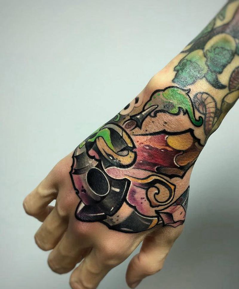 工具人纹身图片_手臂手部水彩New School手面纹身师不疼纹身图案