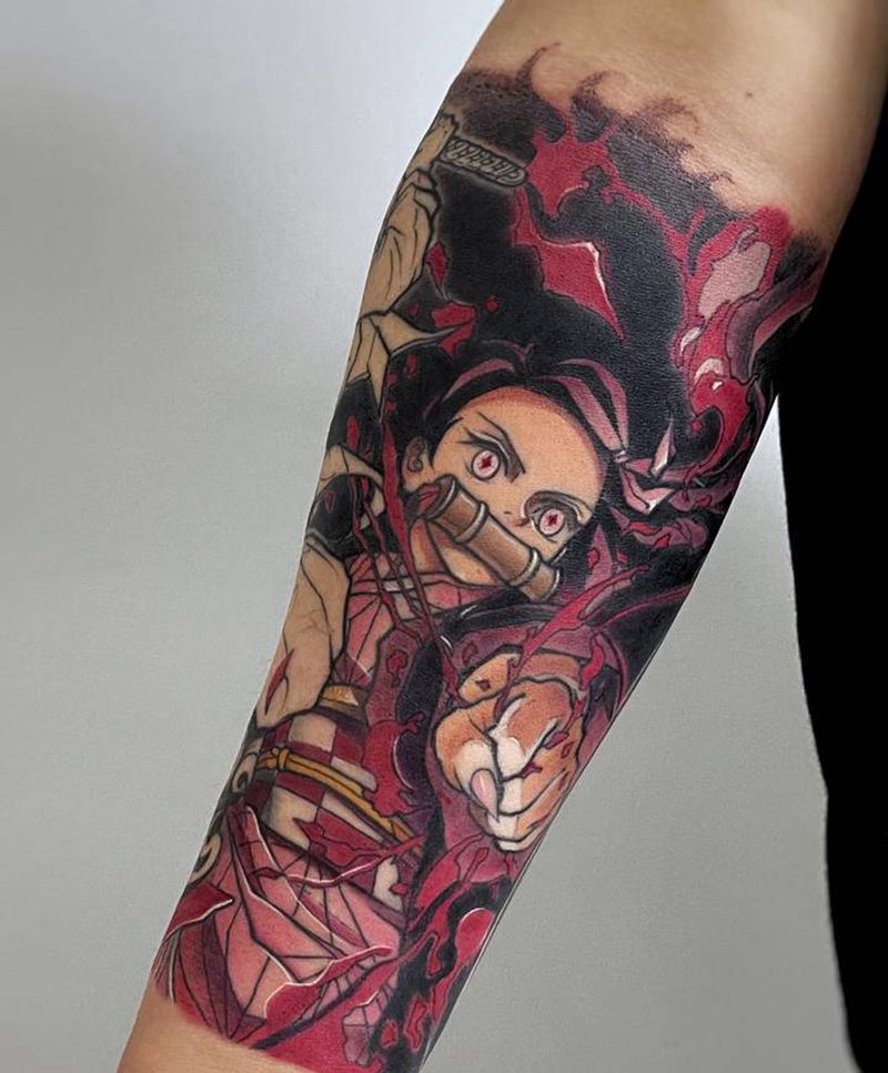 弥豆子纹身图片_手臂New School新传统卡通动漫鬼灭之刃卡通小臂纹身图案