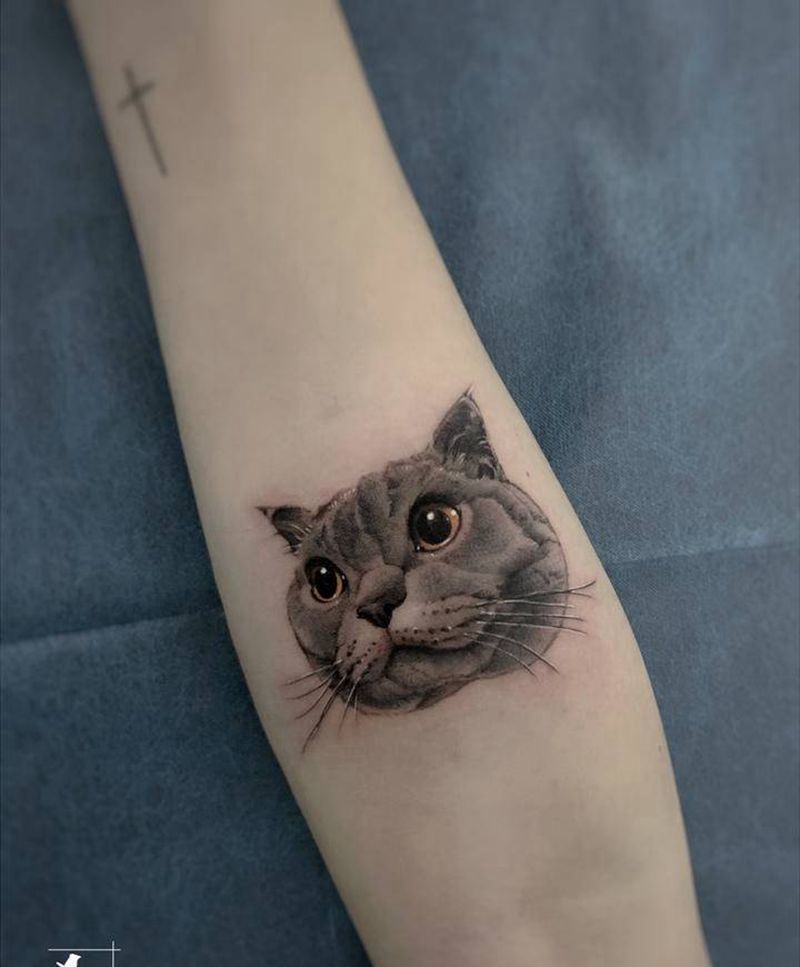 喵星人纹身图片_手臂欧美写实New School猫铲屎官猫主子纹身图案