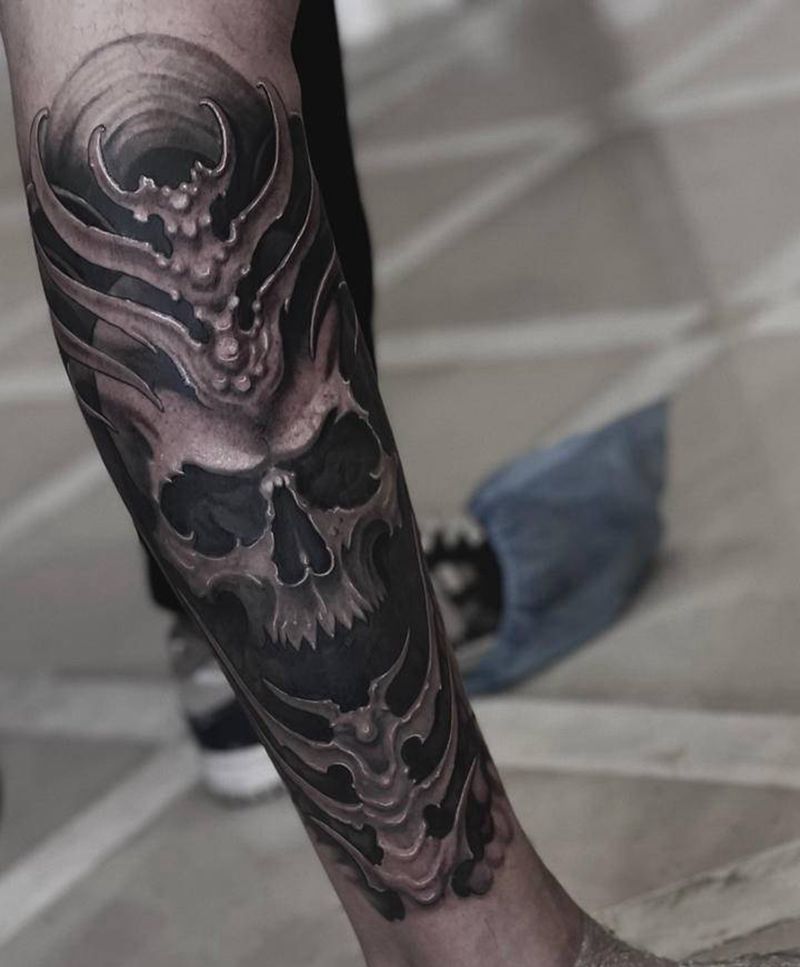 骷髅纹身图片_腿部纹身图案
