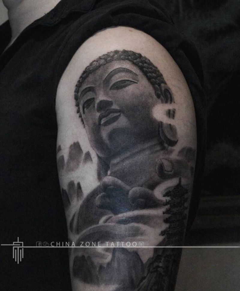 曲睿待续纹身图片_手臂手部新传统欧美写实佛山水塔纹身图案