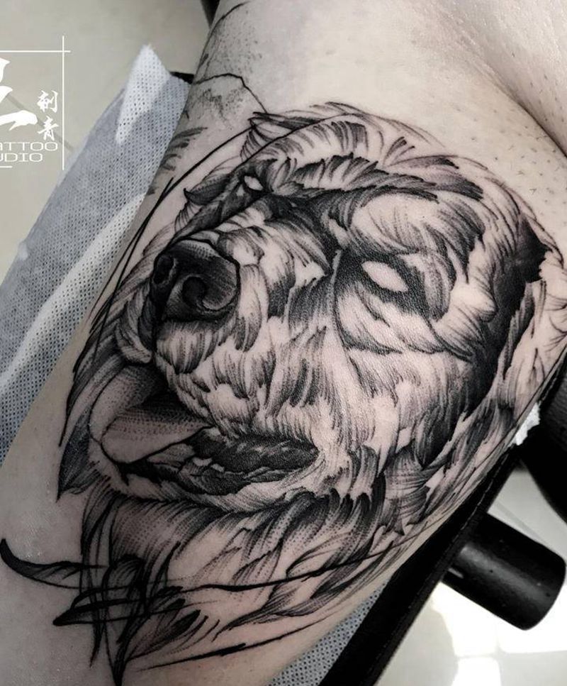 金毛纹身图片_手臂欧美写实点刺宠物狗狗汪星人纹身图案