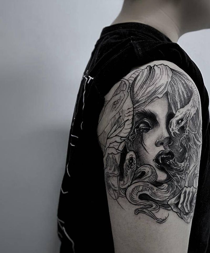 美杜莎纹身图片_手臂肩部欧美写实点刺希腊神话梅杜莎蛇女纹身图案