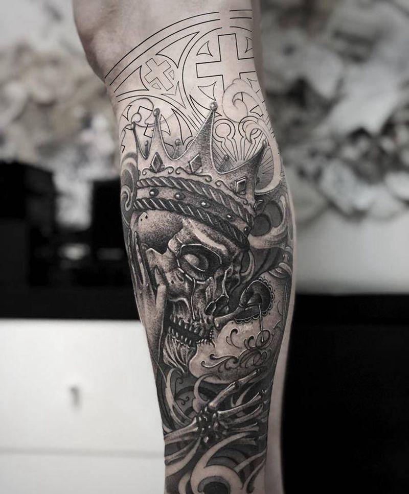 墨西哥亡灵纹身图片_腿部欧美写实点刺鬼神亡灵节西海岸纹身图案