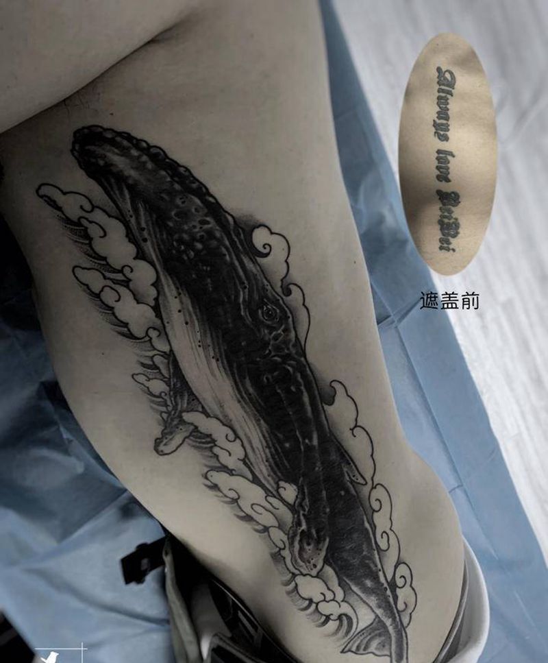 鲸鱼遮盖纹身图片_腰部腹部欧美写实点刺遮盖鲸鱼修改纹身图案