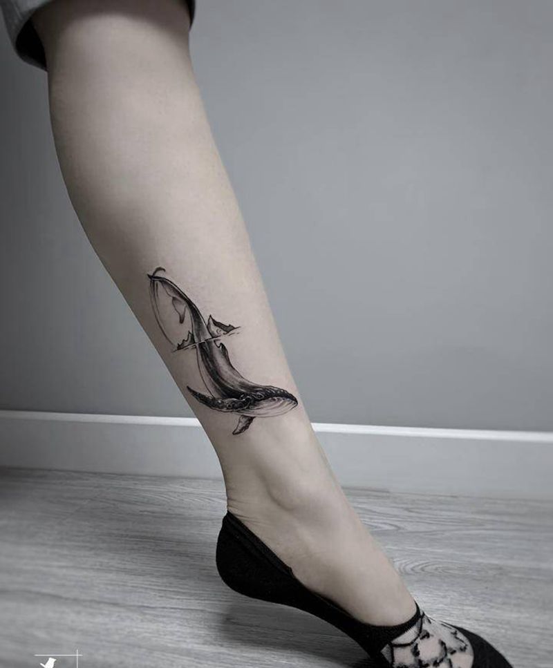 鲸鱼纹身图片_脚部腿部欧美写实点刺鲸鱼海洋小清新纹身图案