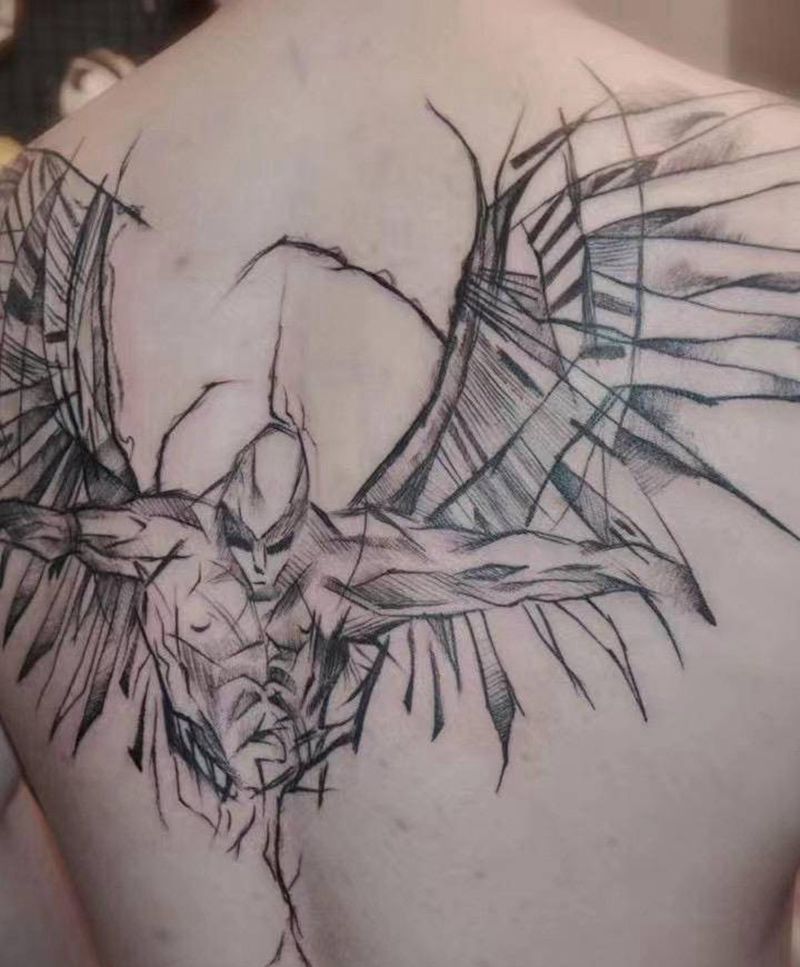 翅膀纹身图片_背部点刺几何翅膀纹身图案