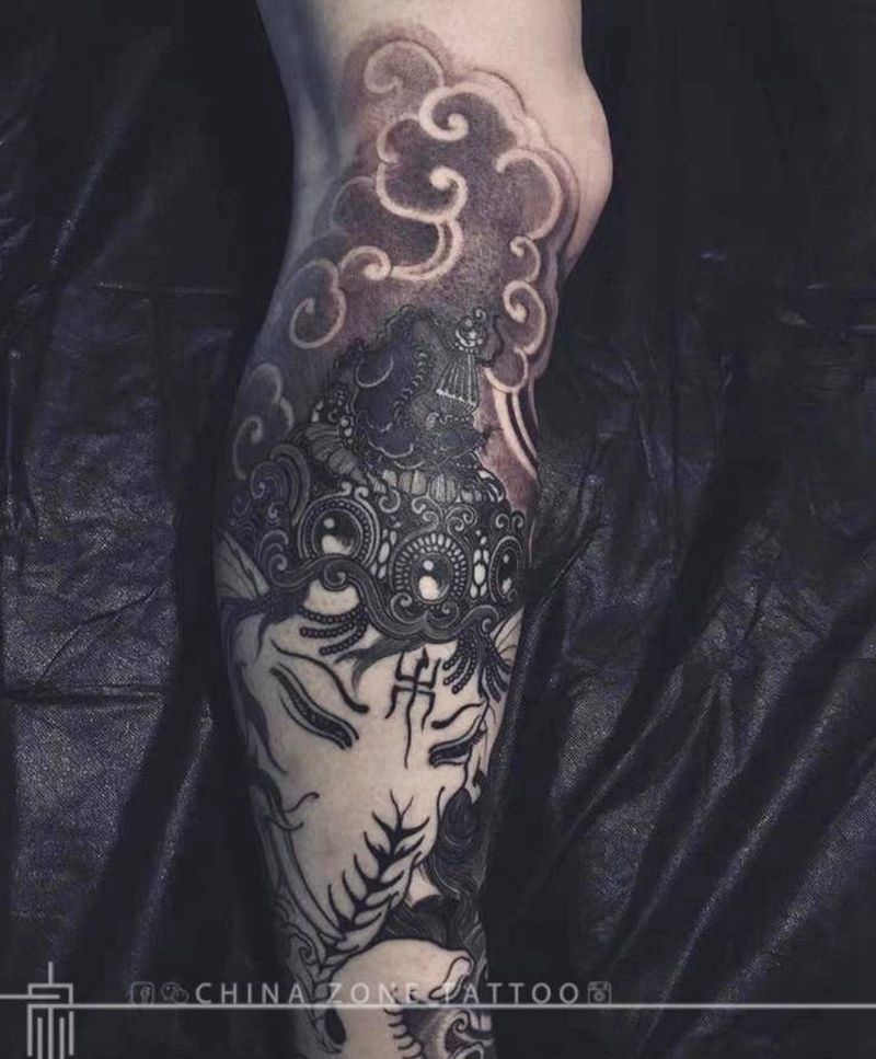 包小腿待续纹身图片_脚部腿部新传统水墨象神云纹包小腿纹身图案