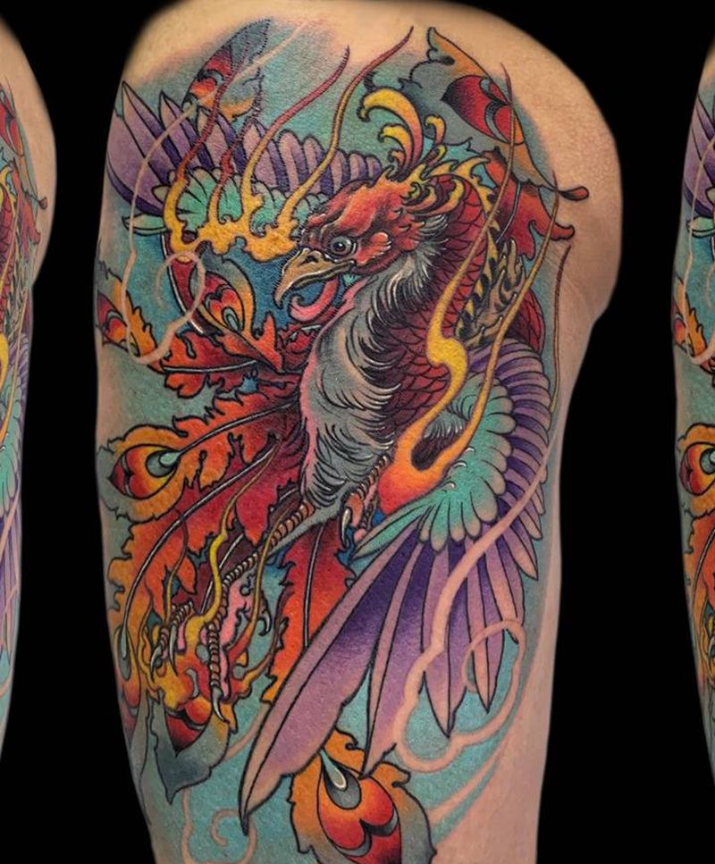 涅槃纹身图片_腿部新传统New School凤凰神话瑞兽纹身图案